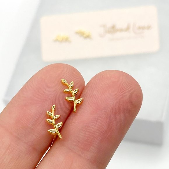 Tiny Leaf Earrings | Sterling Silver Gold Plated Branch Ear Climbers Studs - Picture 1 of 11